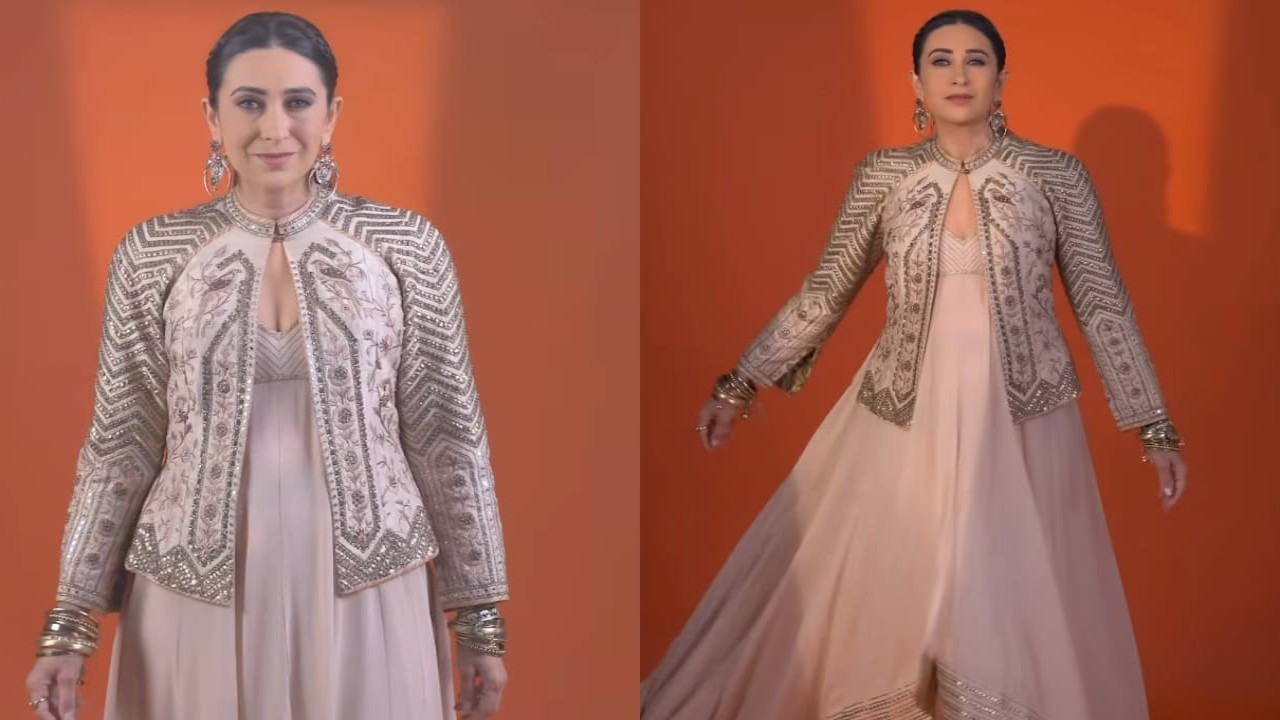 Karisma Kapoor in ivory anarkali and jacket set