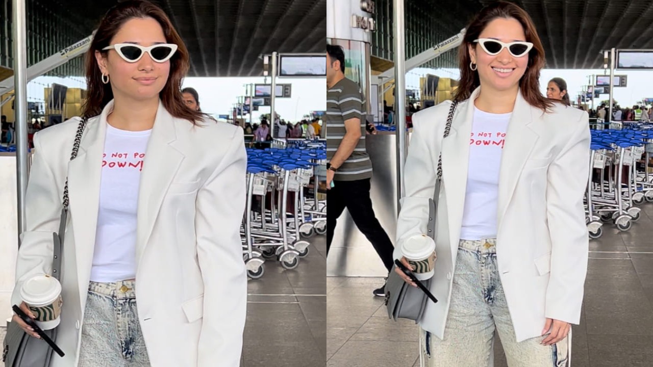 Tamannaah Bhatia in white blazer and cargo pants at airport