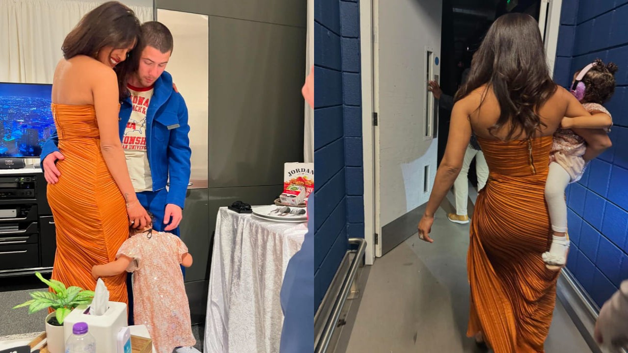 Priyanka Chopra and Nick Jonas  in bright outfits