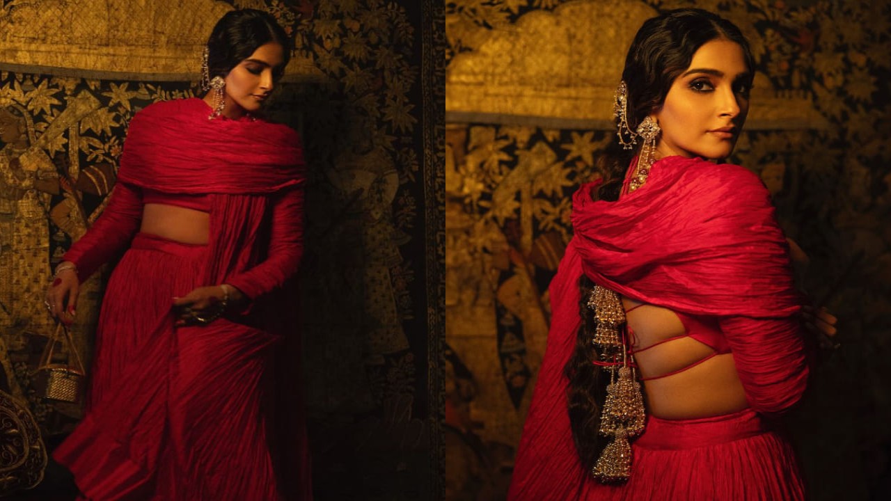 Sonam Kapoor in red crushed silk lehenga 