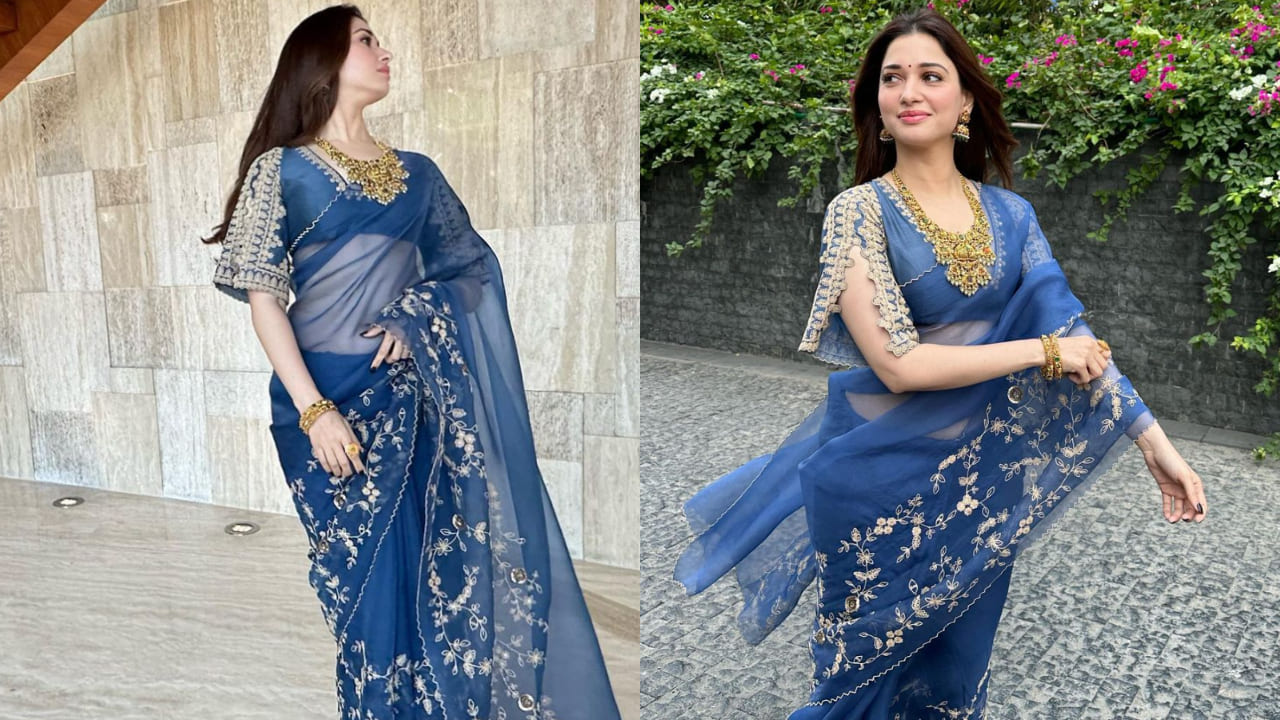 Tamannaah Bhatia in blue organza saree