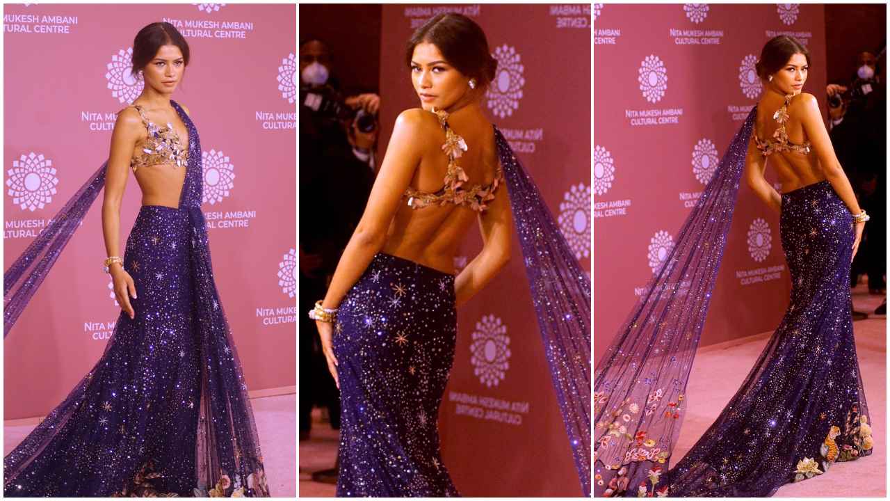 Reminiscing about Zendaya’s midnight blue hand-embroidered Rahul Mishra saree masterpiece for NMACC launch (PC: Getty Images)