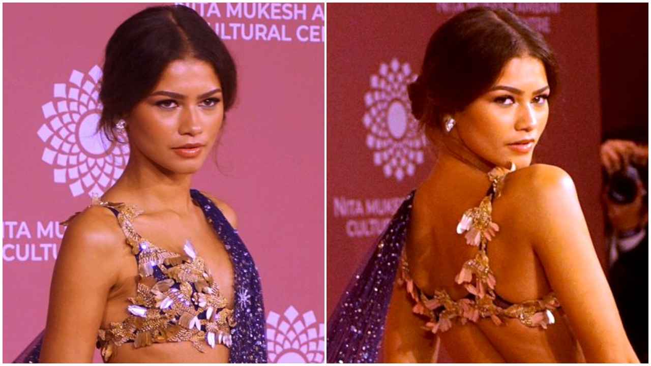 Reminiscing about Zendaya’s midnight blue hand-embroidered Rahul Mishra saree masterpiece for NMACC launch (PC: Getty Images)