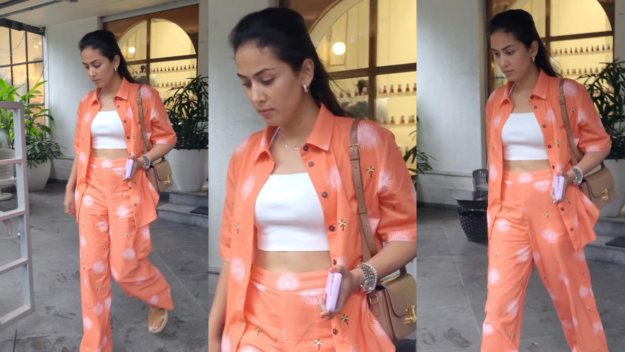 Mira Rajput in orange co-ord set and celine bag 