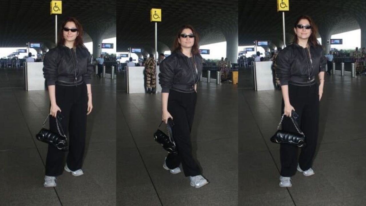 Tamannaah Bhatia styles her airport OOTD with biker jacket and ₹3,01,396 Gucci bag (PC: Viral Bhayani)