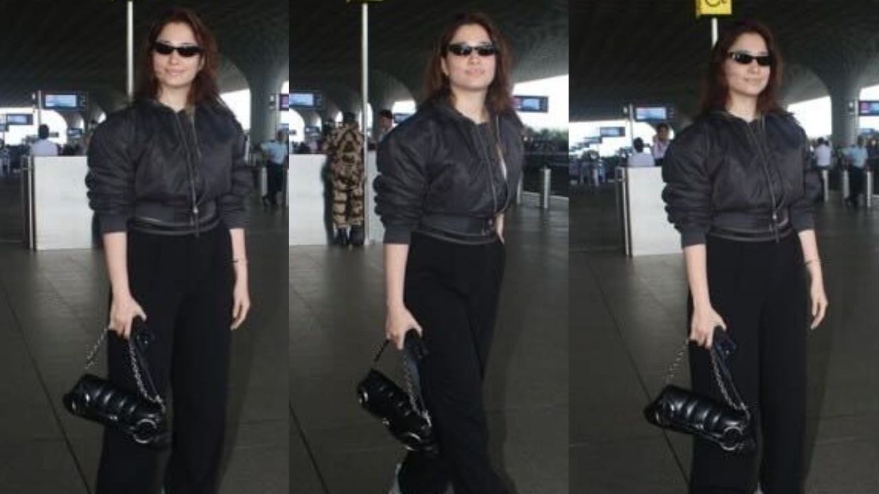 Tamannaah Bhatia styles her airport OOTD with biker jacket and ₹3,01,396 Gucci bag (PC: Viral Bhayani)