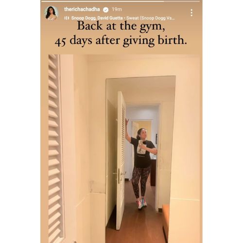 New Mommy Richa Chadha gives fitness goals as she returns to gym 45 days after giving birth; PIC