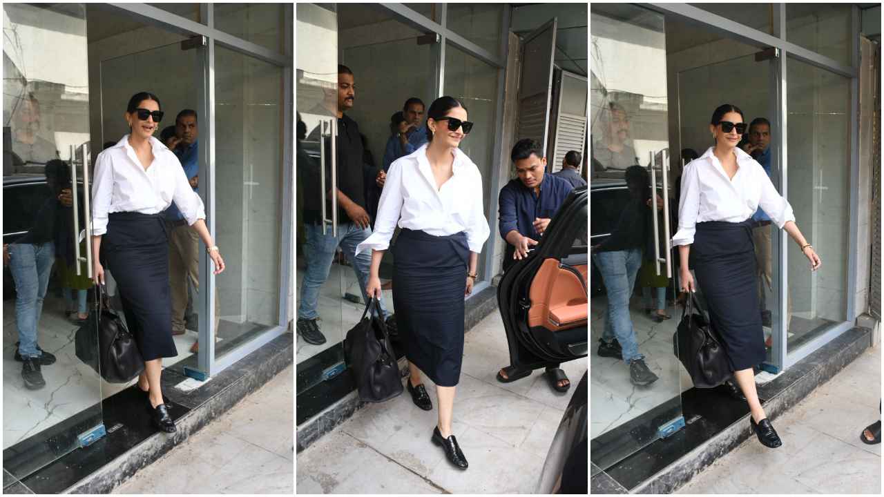 Sonam Kapoor’s white shirt and black wrap-up style skirt look is making us sing ‘Rabba Main Toh Mar Gaya’ (PC: Viral Bhayani)