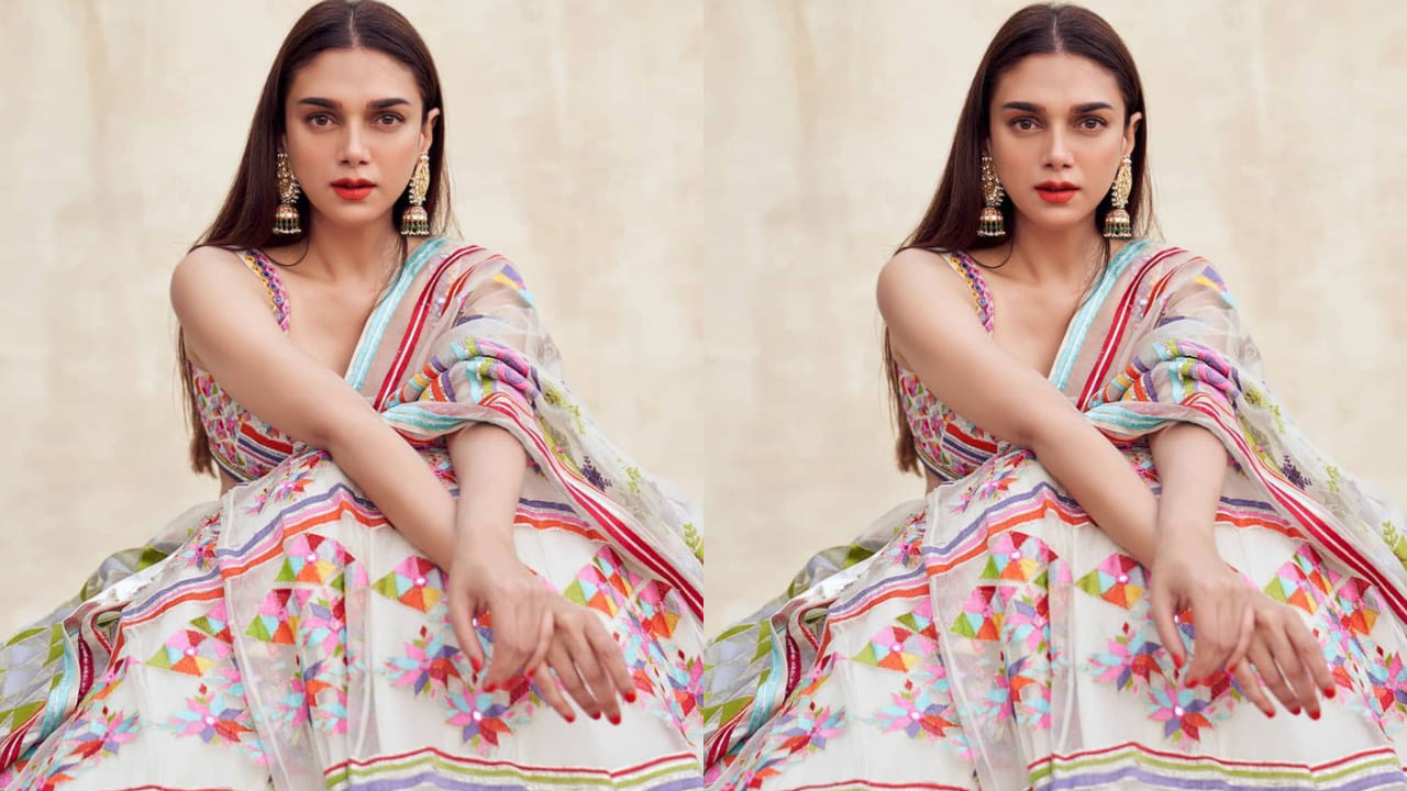 Aditi Rao Hydari in bright geometric lehenga