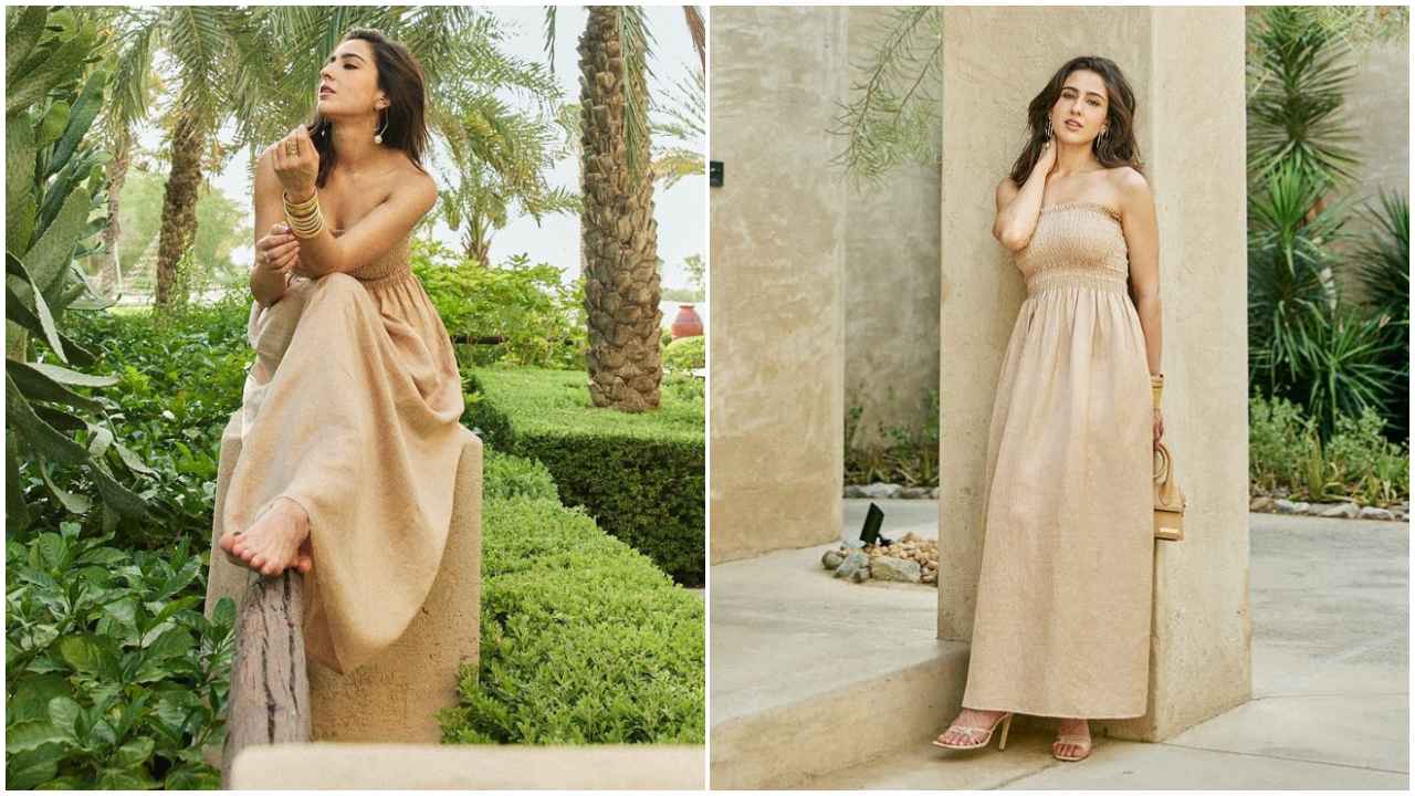 Sara Ali Khan looks like queen of the desert in a beige strapless smocked flowing maxi dress (PC: Sara Ali Khan Instagram)