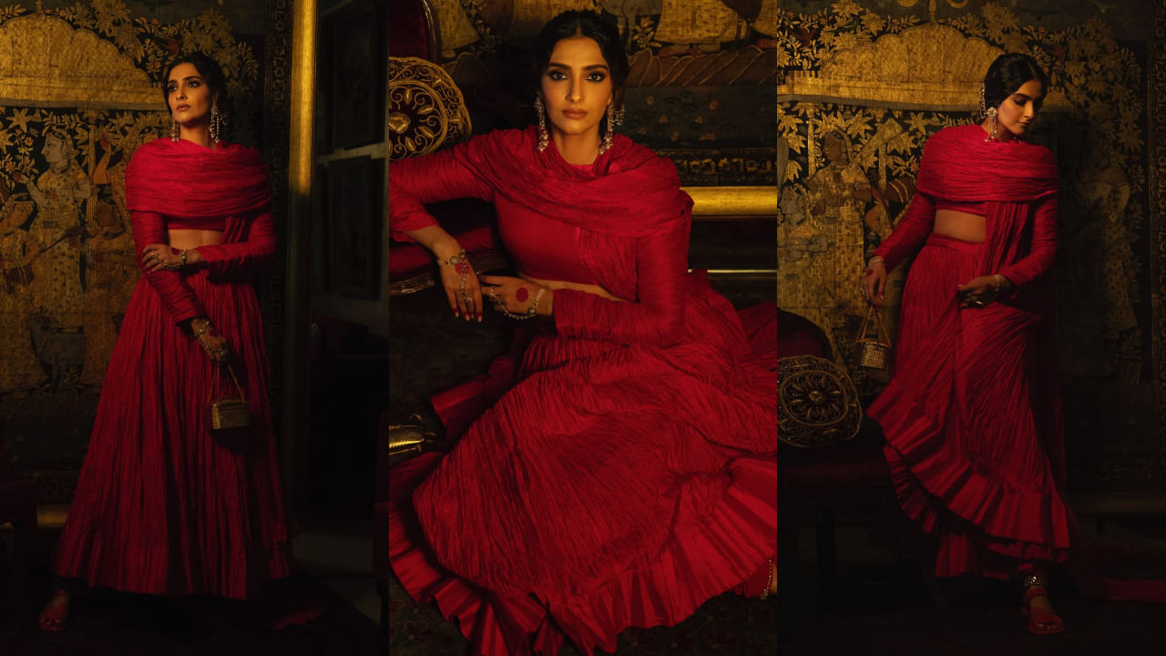 Sonam Kapoor in red crushed silk lehenga 