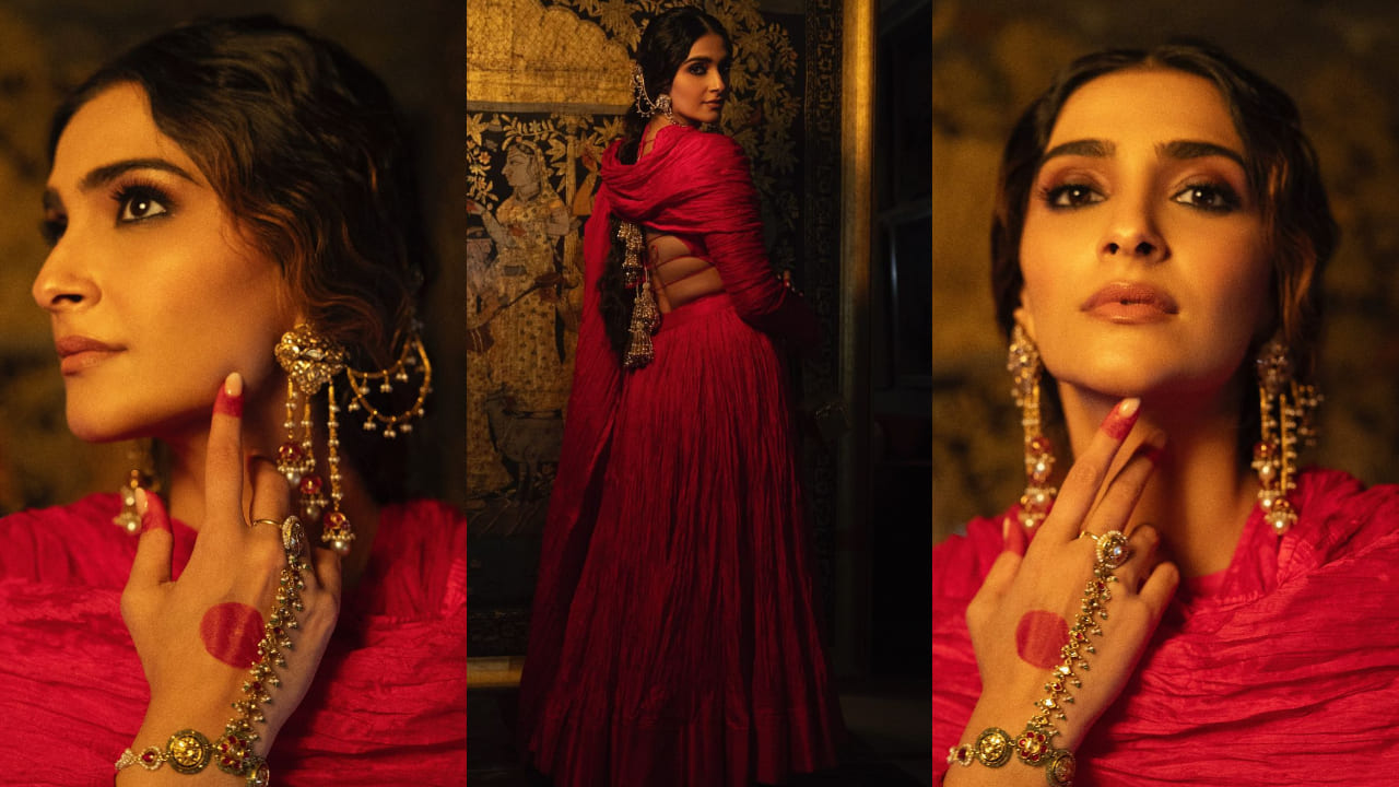 Sonam Kapoor in red crushed silk lehenga 