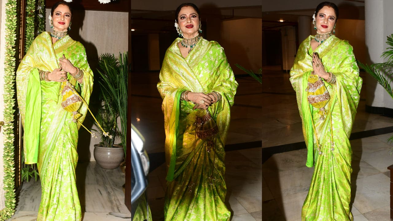 Rekha in green and gold kanjeevaram saree