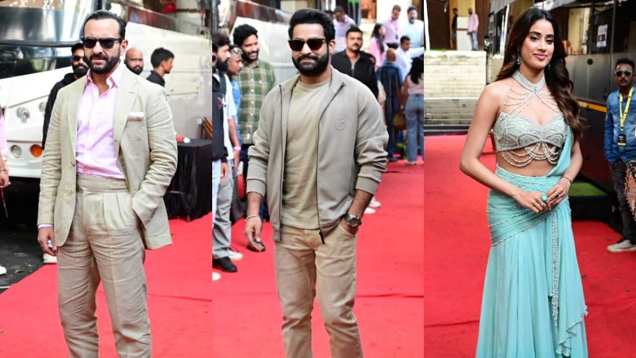 PHOTOS: Jr NTR and Saif Ali Khan promote Devara in style; Janhvi Kapoor joins them sporting Daavudi look in Mumbai