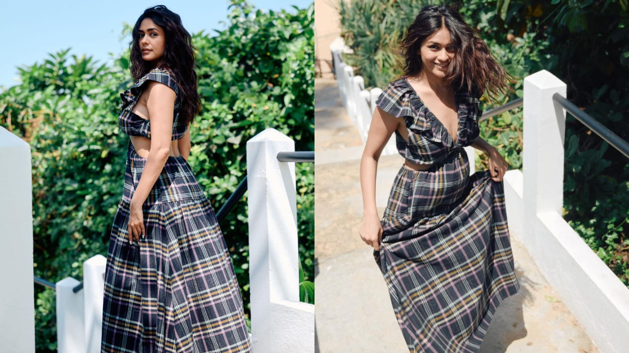 Mrunal Thakur in plaid dress