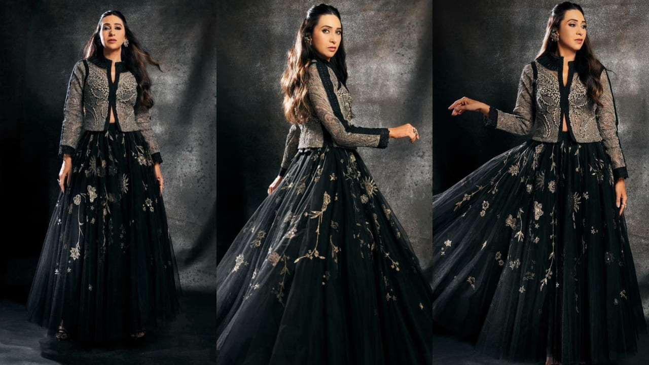 Karisma Kapoor flares up drama in black tulle skirt and zari jacket