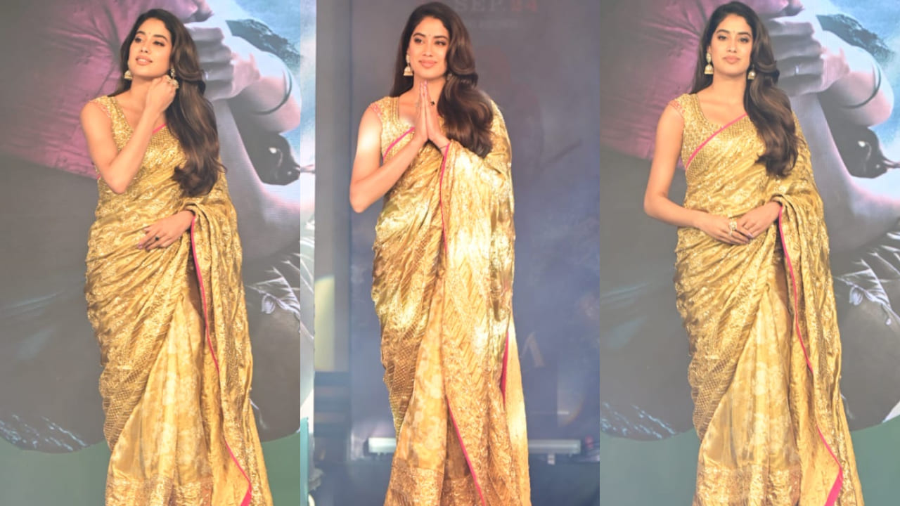 Janhvi Kapoor in golden saree at Devara trailer launch