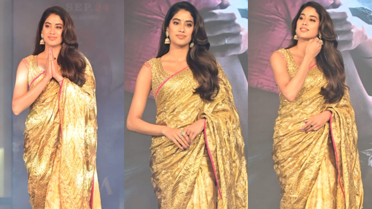 Janhvi Kapoor in golden saree at Devara trailer launch