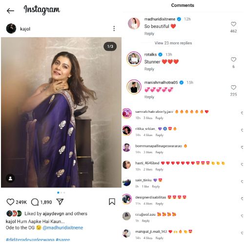 Kajol recreates ‘OG’ Madhuri Dixit’s Hum Aapke Hai Koun style in purple saree and fans cannot decide who wore it better; don’t miss latter’s reaction