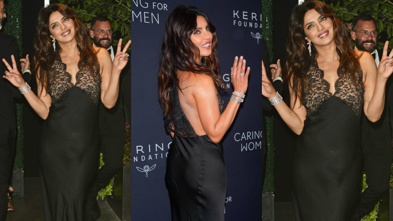 Priyanka Chopra in black YSL slip dress 