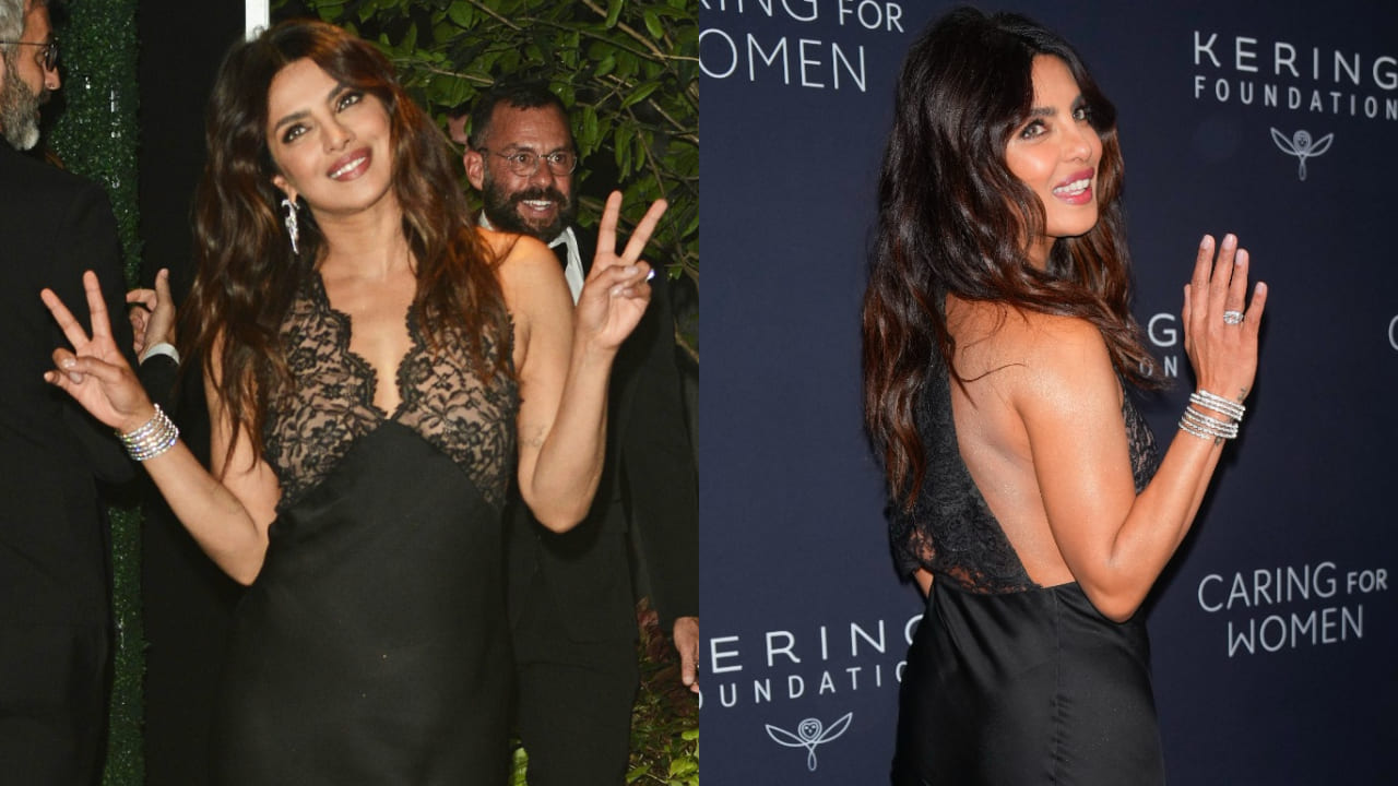 Priyanka Chopra in black YSL slip dress 