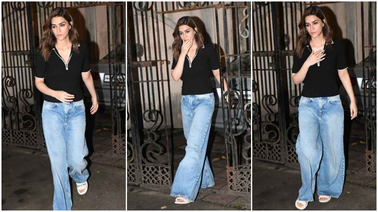 Kriti Sanon’s casual black polo t-shirt with flared blue denim jeans look proves simplicity always slays (PC: Viral Bhayani)