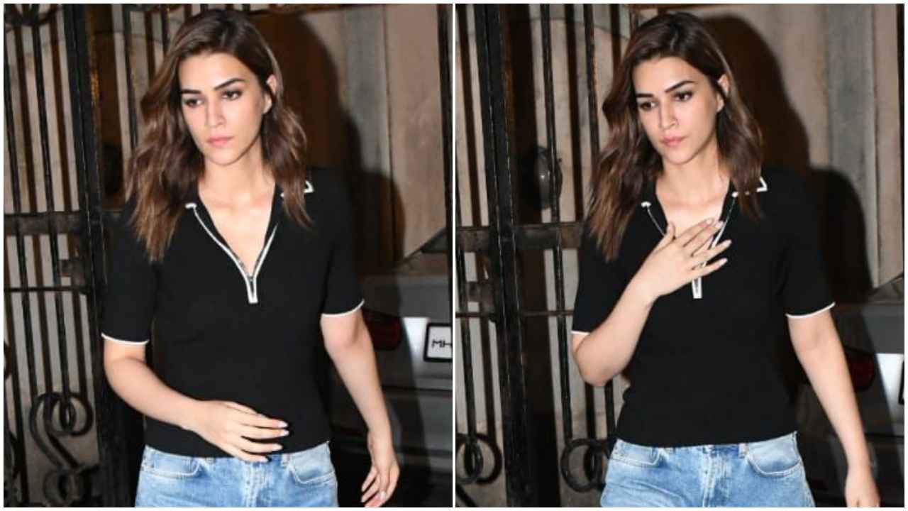 Kriti Sanon’s casual black polo t-shirt with flared blue denim jeans look proves simplicity always slays (PC: Viral Bhayani)