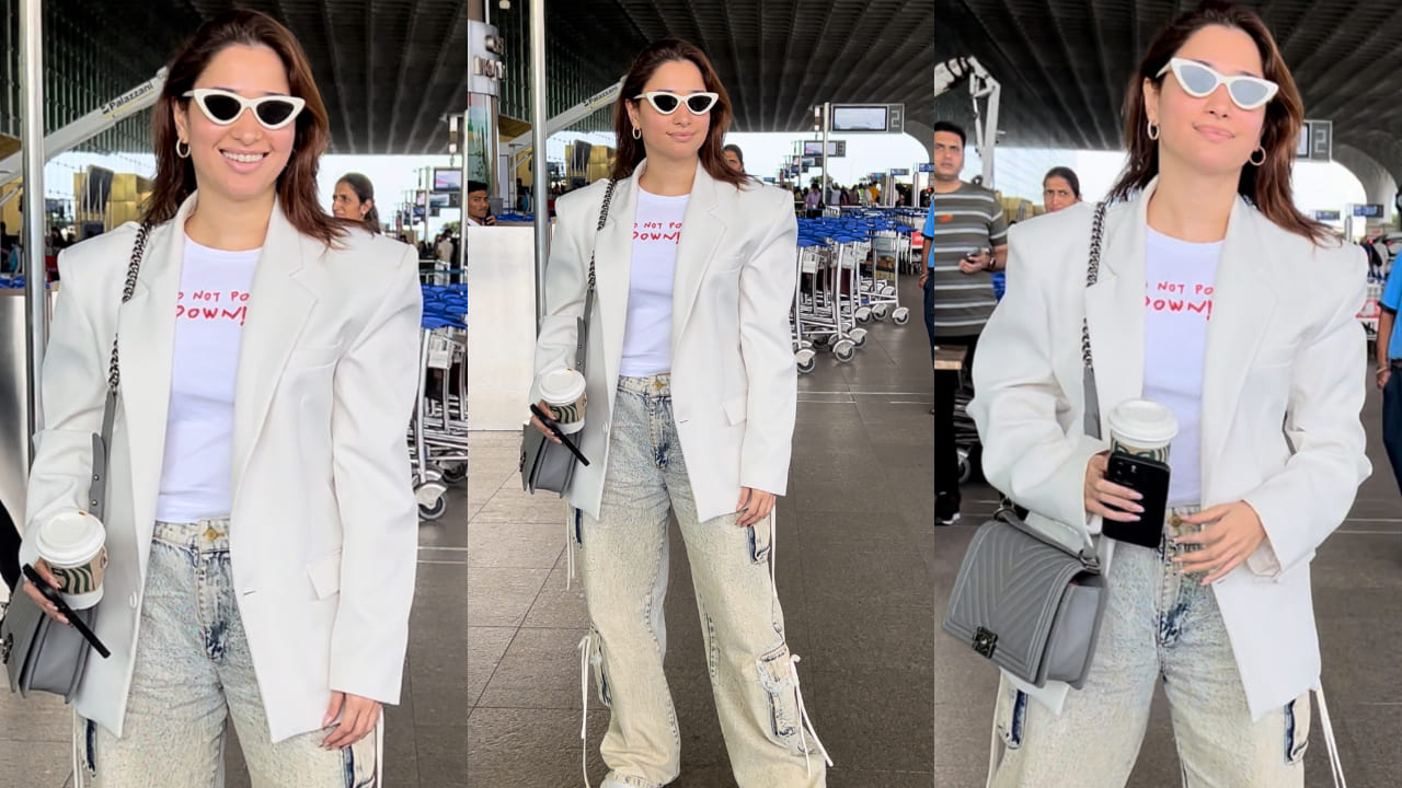 Tamannaah Bhatia in white blazer and cargo pants at airport