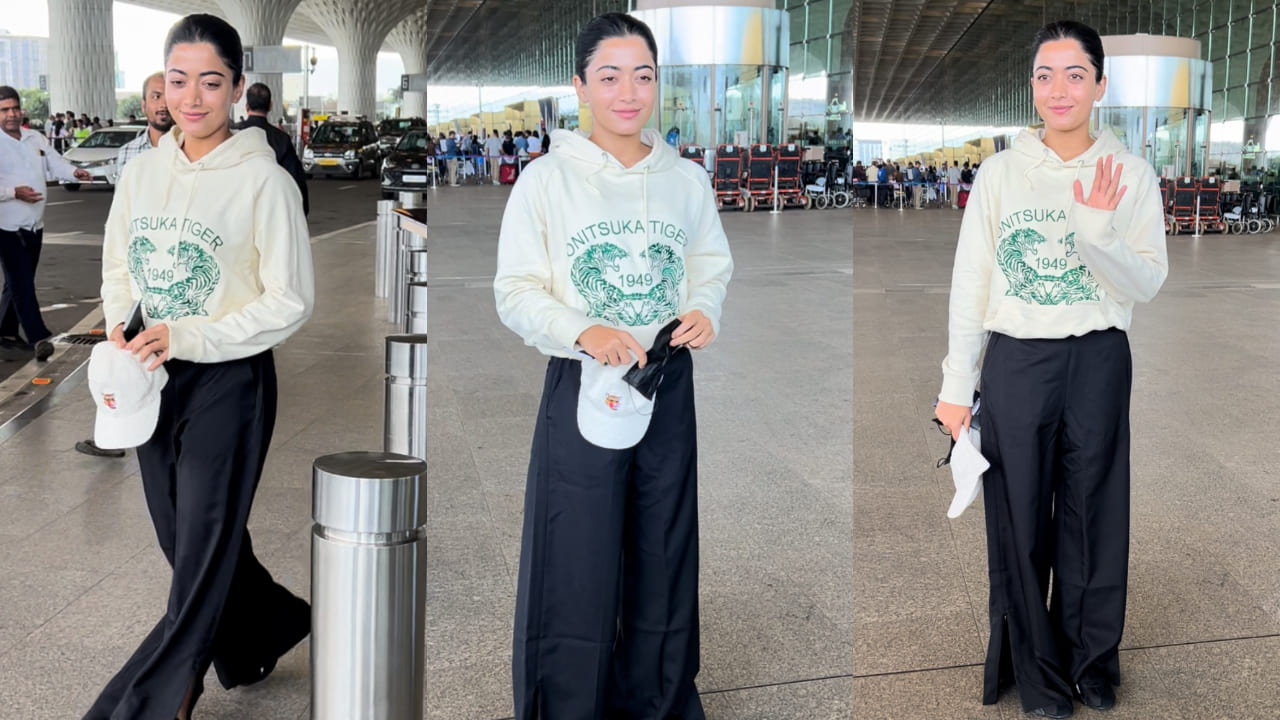 Rashmika Mandanna in hoodie and flared pants at airport