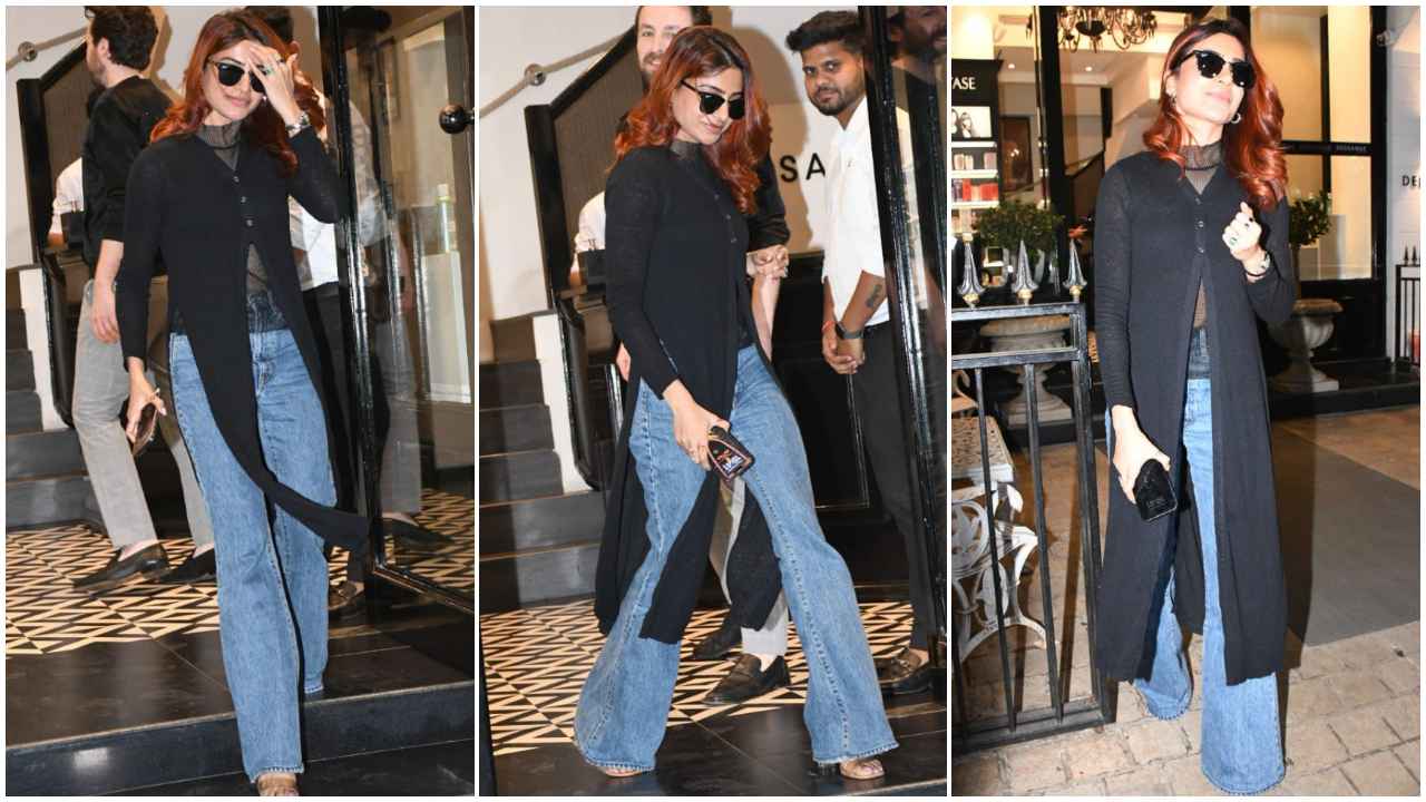 Samantha Ruth Prabhu shows the power of layering in sheer top, jeans and long cardigan (PC: Viral Bhayani)