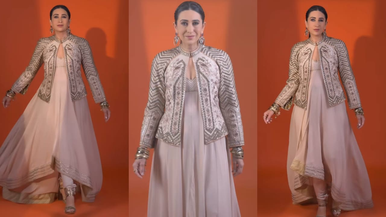 Karisma Kapoor in ivory anarkali and jacket set