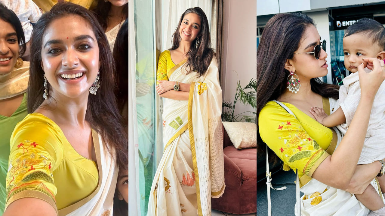 Keerthy Suresh in quirky Kasavu saree