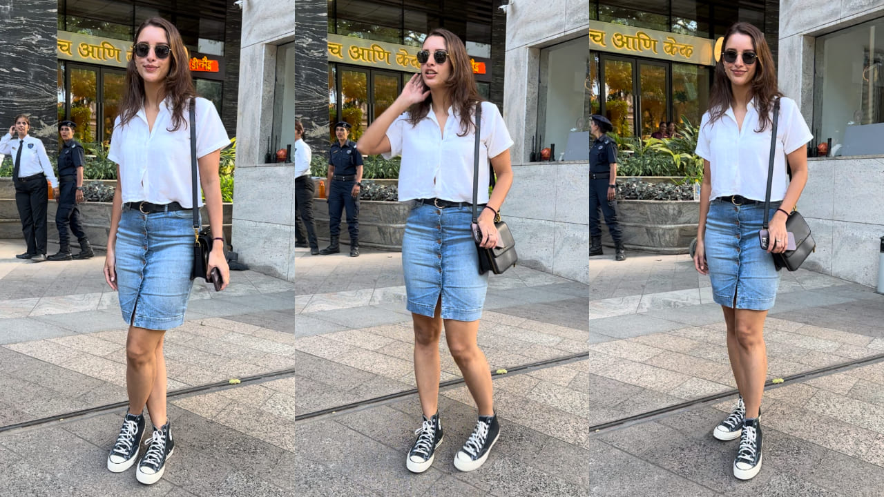 Triptii Dimri in white shirt and denim skirt 