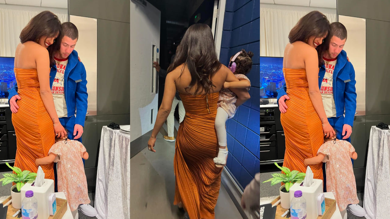 Priyanka Chopra and Nick Jonas  in bright outfits