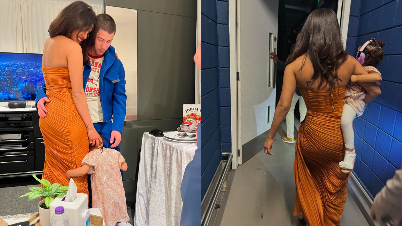 Priyanka Chopra and Nick Jonas  in bright outfits