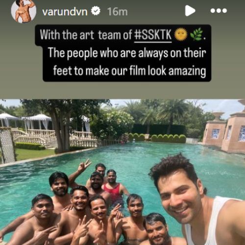 PIC: Varun Dhawan enjoys pool time with the art team of Sunny Sanskari Ki Tulsi Kumari and its proof he is having a blast