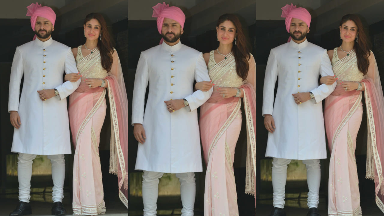 Kareena Kapoor in pastel saree at Soha Ali Khan's wedding 