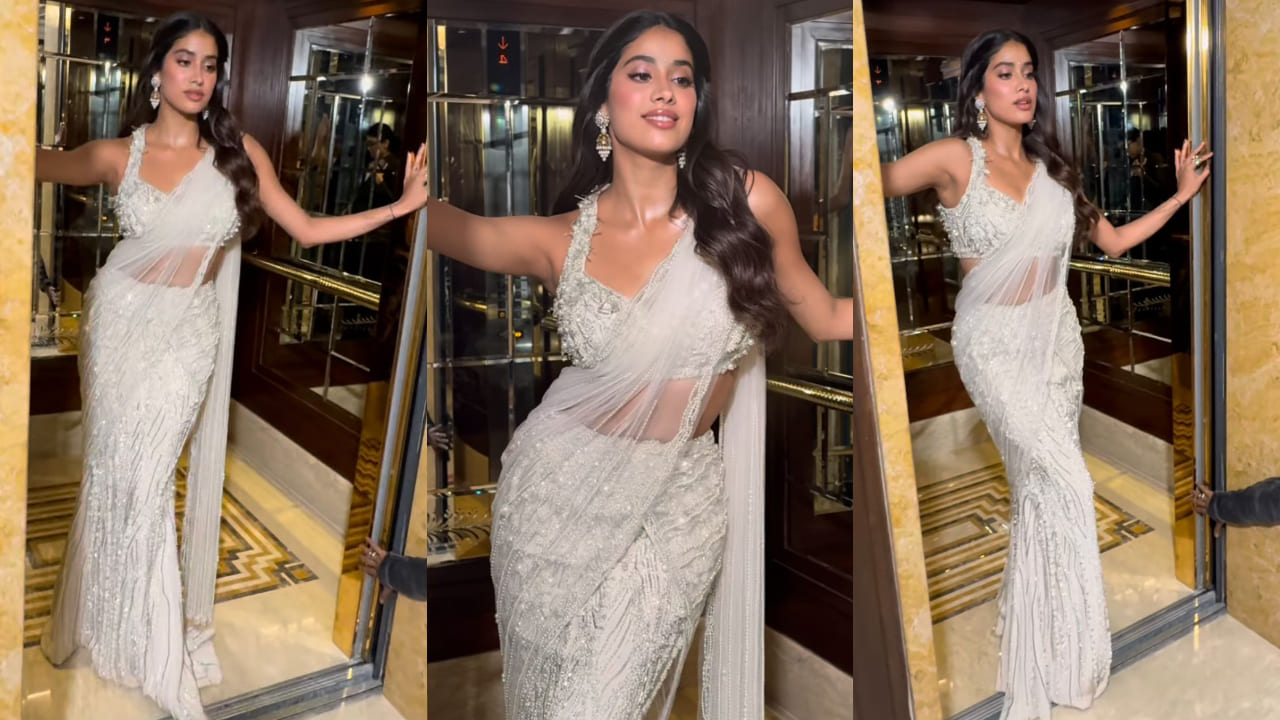 Janhvi Kapoor in white pearl saree for Devara promotions 