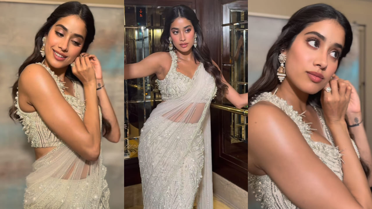 Janhvi Kapoor in white pearl saree for Devara promotions 