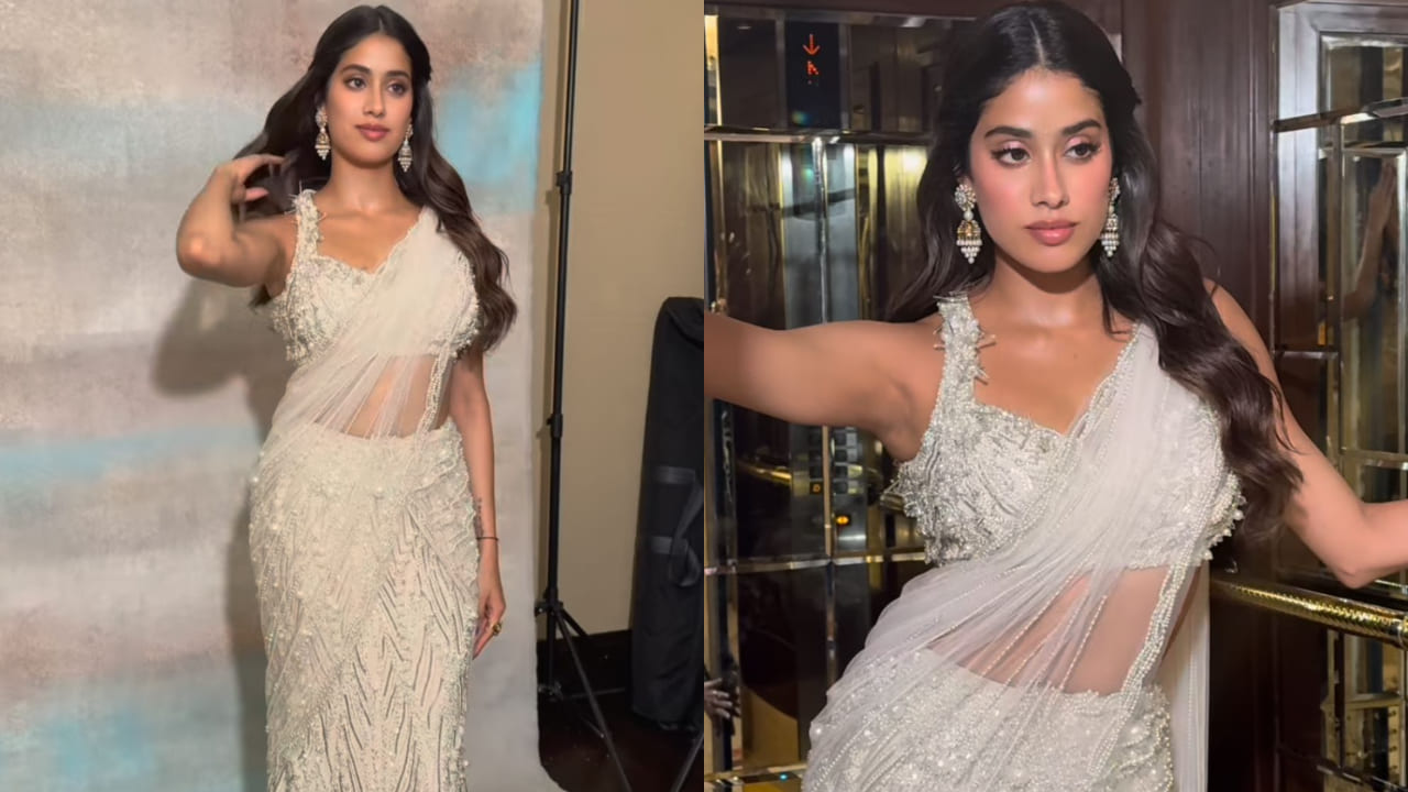 Janhvi Kapoor in white pearl saree for Devara promotions 