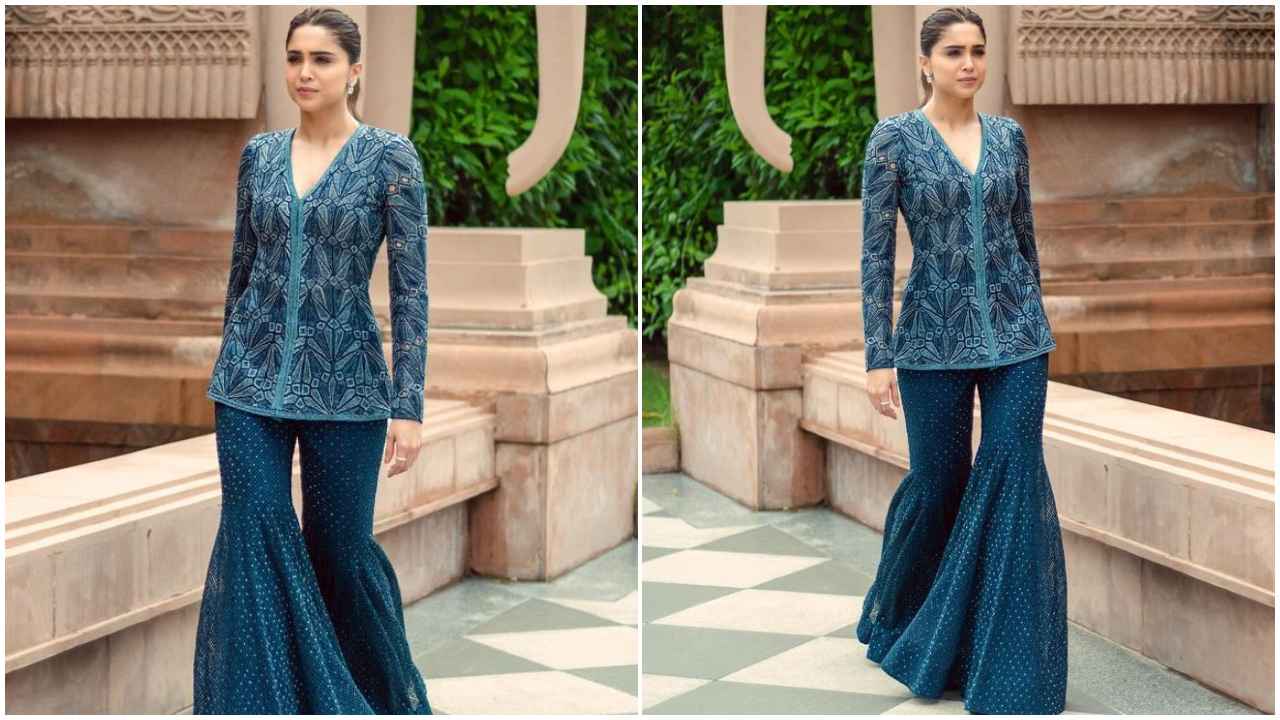 Sharvari Wagh is slaying in a Rs 1.98 lakh embellished blue sharara and modern blazer look (PC: Shaleena Nathani Instagram)