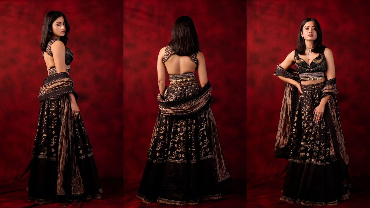 Rashmika Mandanna in black and golden lehenga