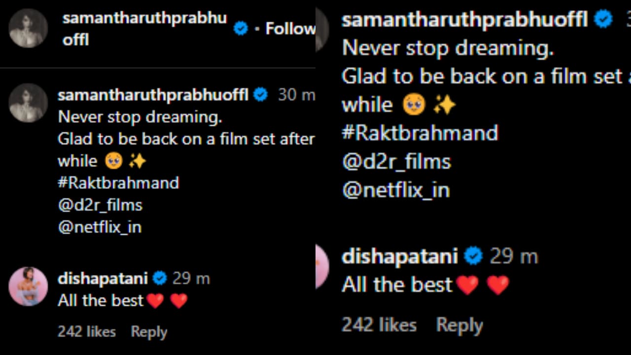 ‘Glad to be back on a film set…’: Samantha Ruth Prabhu is super stoked to begin shoot for Rakt Brahmand; Disha Patani wishes her all the best