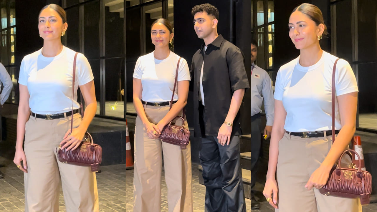 Mrunal Thakur in white t-shirt and chino pants