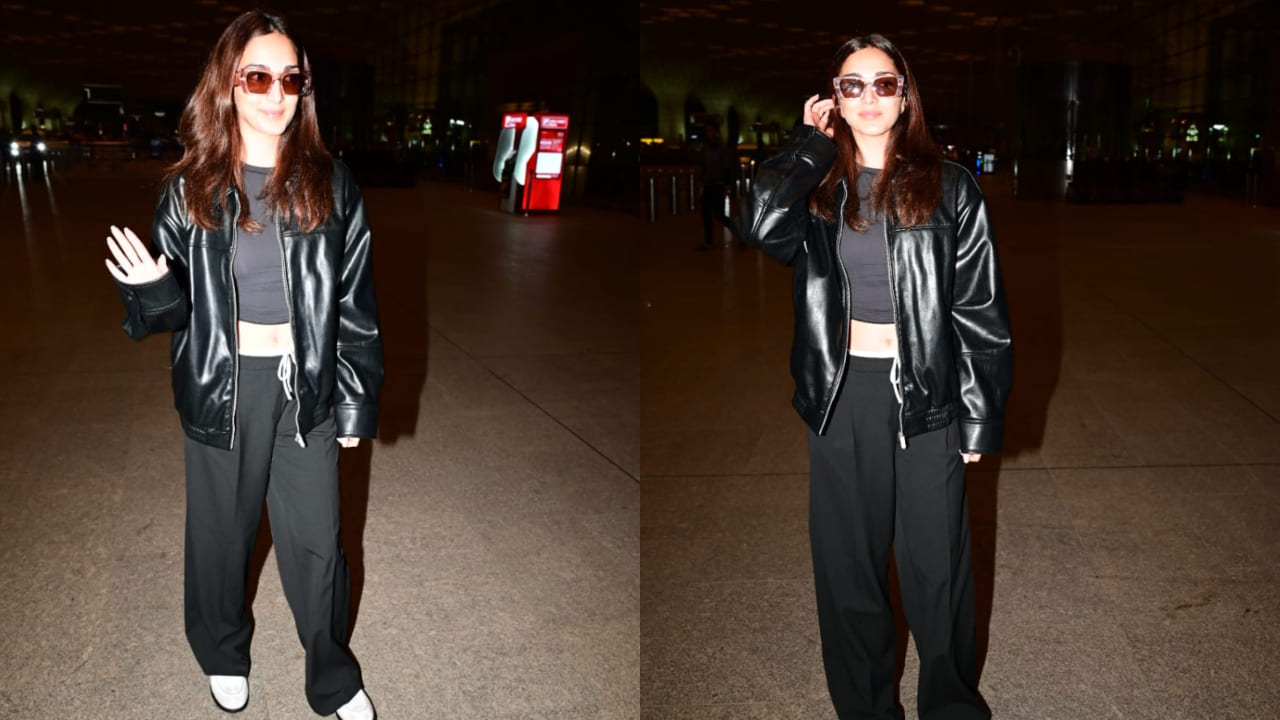 Kiara Advani at airport in faux leather jacket and trousers 