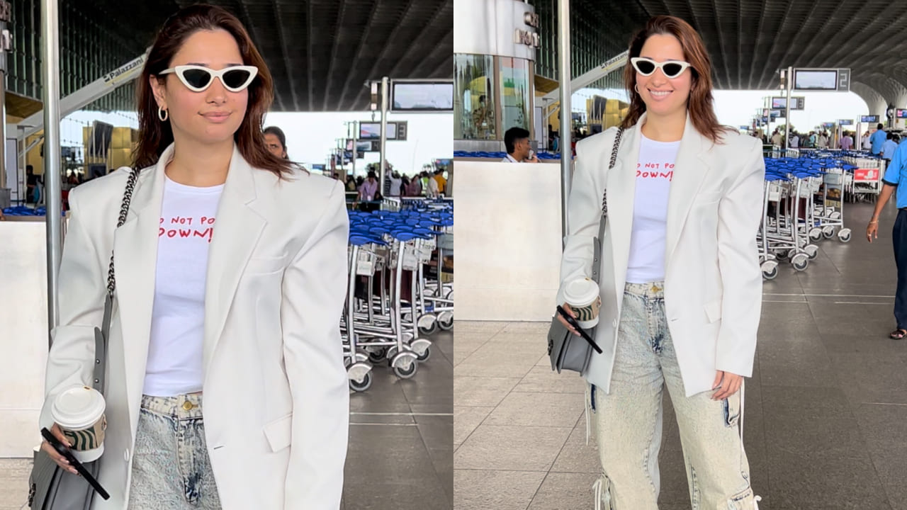 Tamannaah Bhatia at airport in white blazer and cargo pants