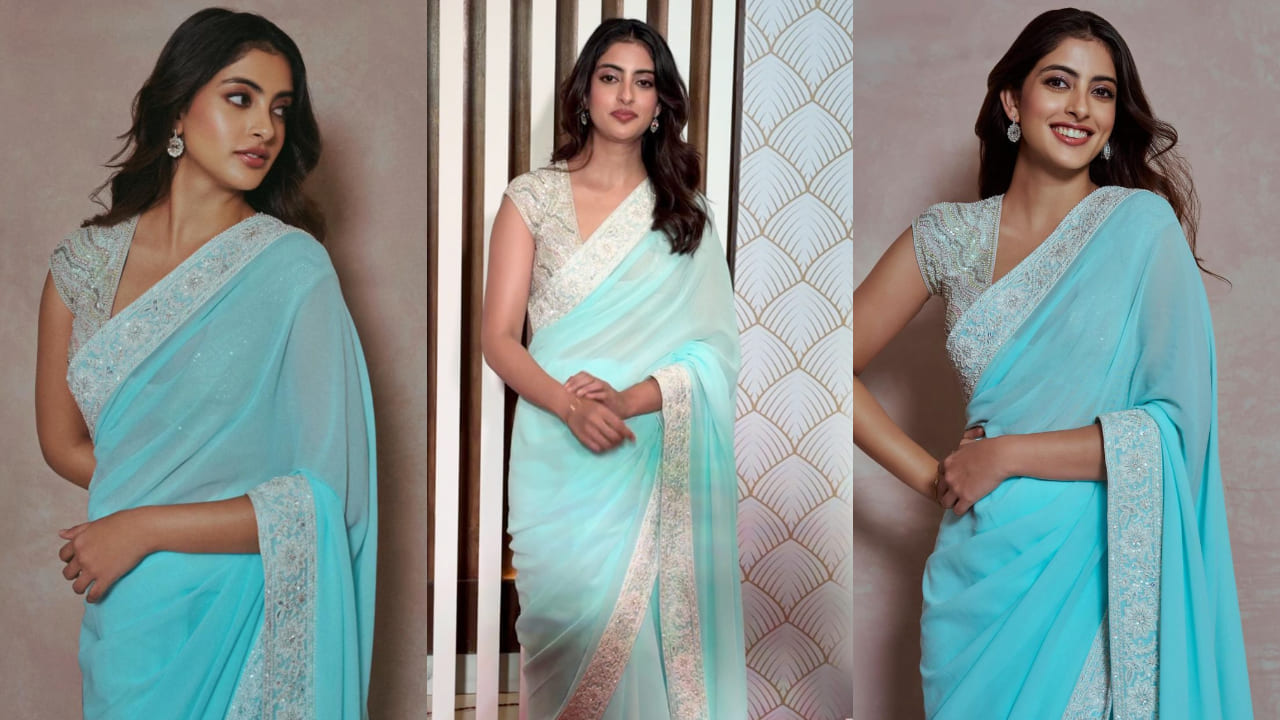 Navya Naveli Nanda in blue Abu Jani Sandeep Khosla saree