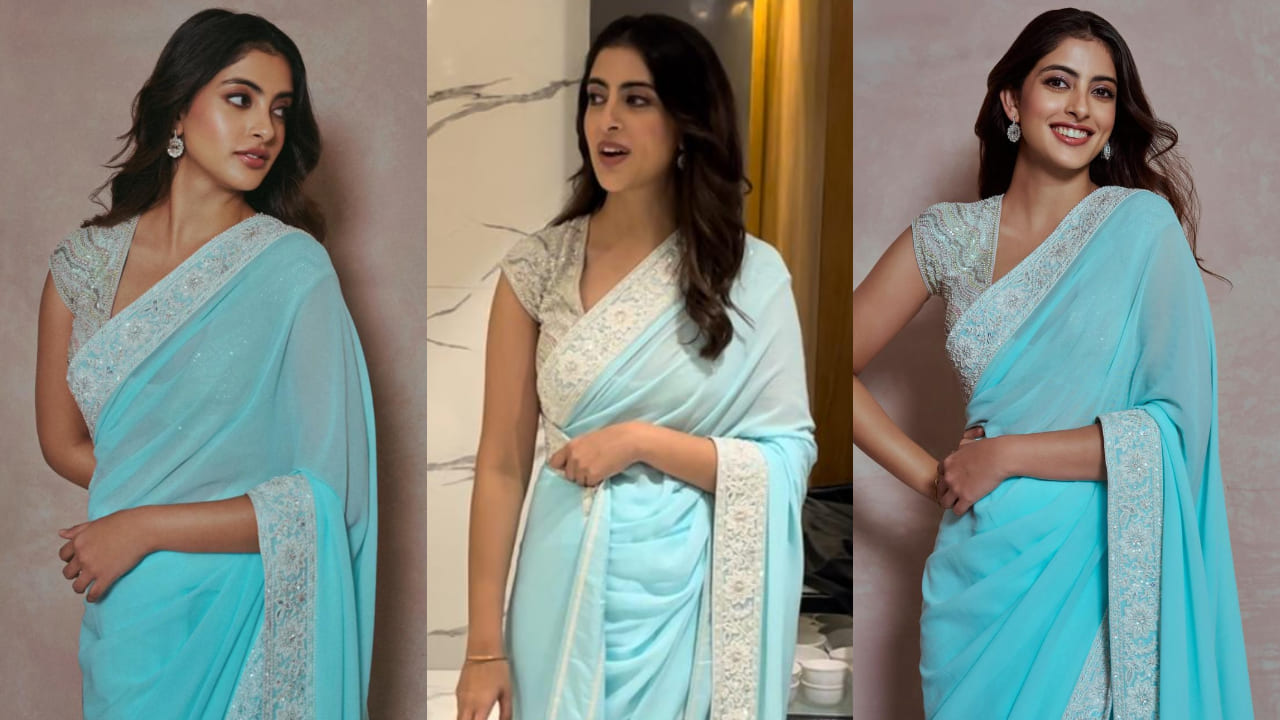 Navya Naveli Nanda in blue Abu Jani Sandeep Khosla saree