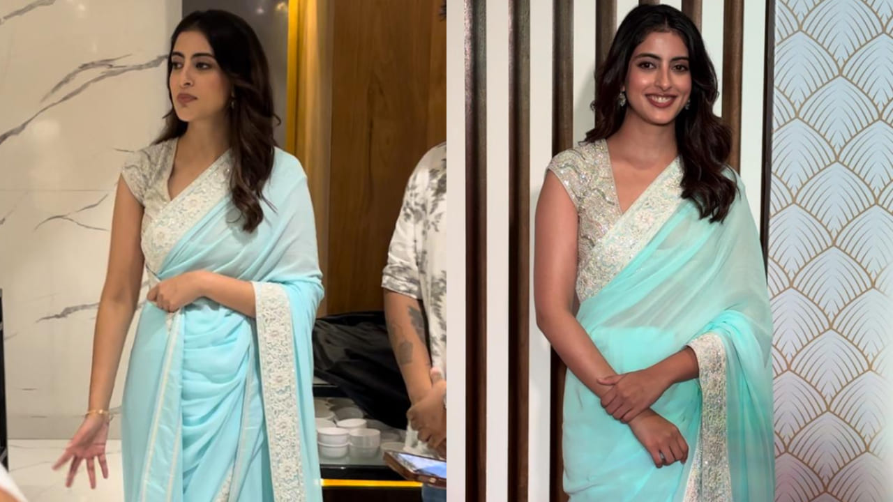 Navya Naveli Nanda in blue Abu Jani Sandeep Khosla saree