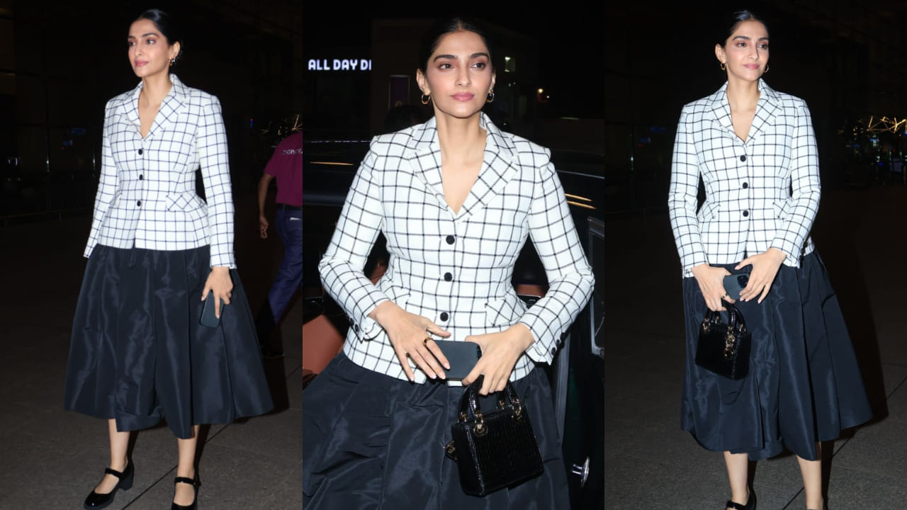 Sonam Kapoor at airport in Checkered blazer and black skirt